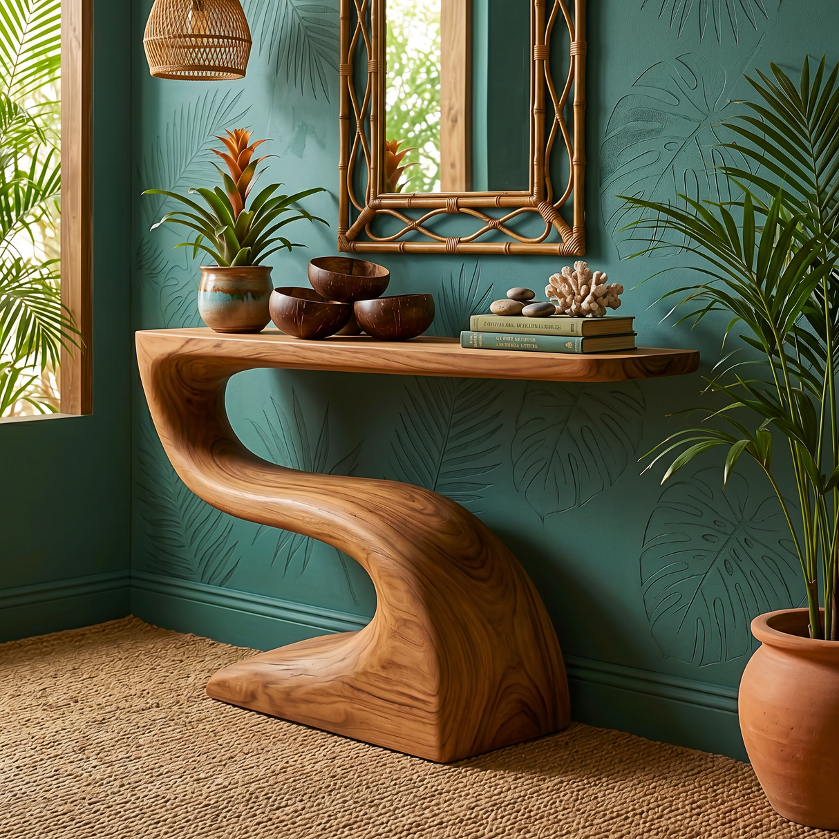 Handcrafted Solid Wood Console Table with Flowing Sculptural Base
