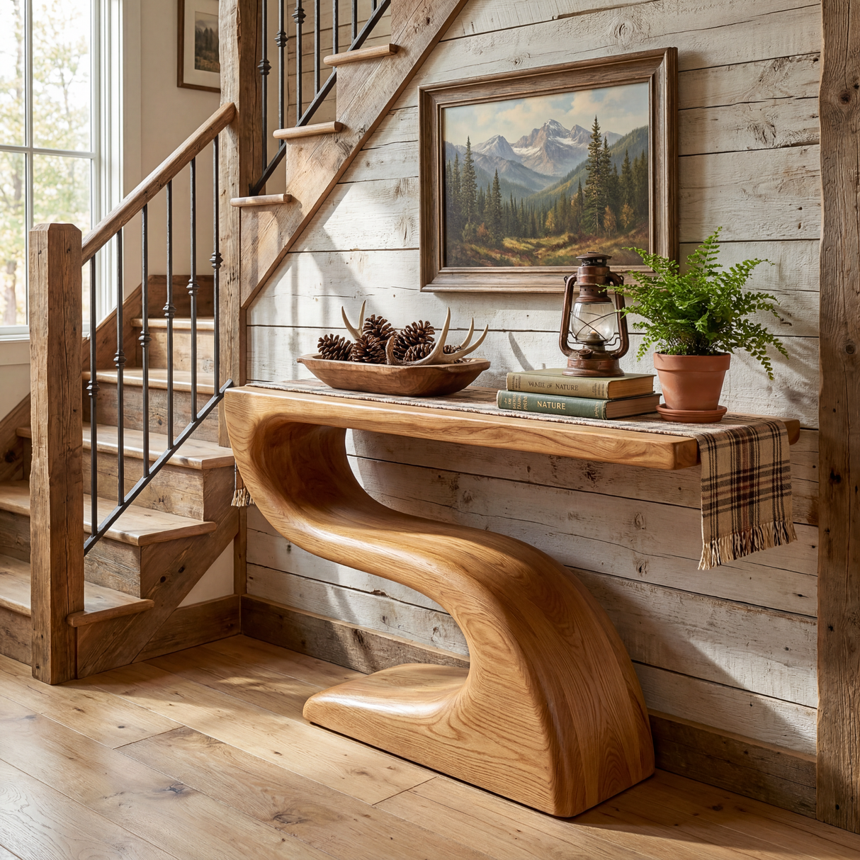 Handcrafted Solid Wood Console Table with Flowing Sculptural Base