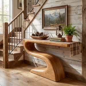 Handcrafted Solid Wood Console Table with Flowing Sculptural Base