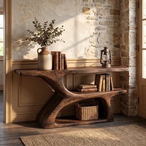 Handcrafted Solid Wood Console Table with Tiered Open Shelf Design