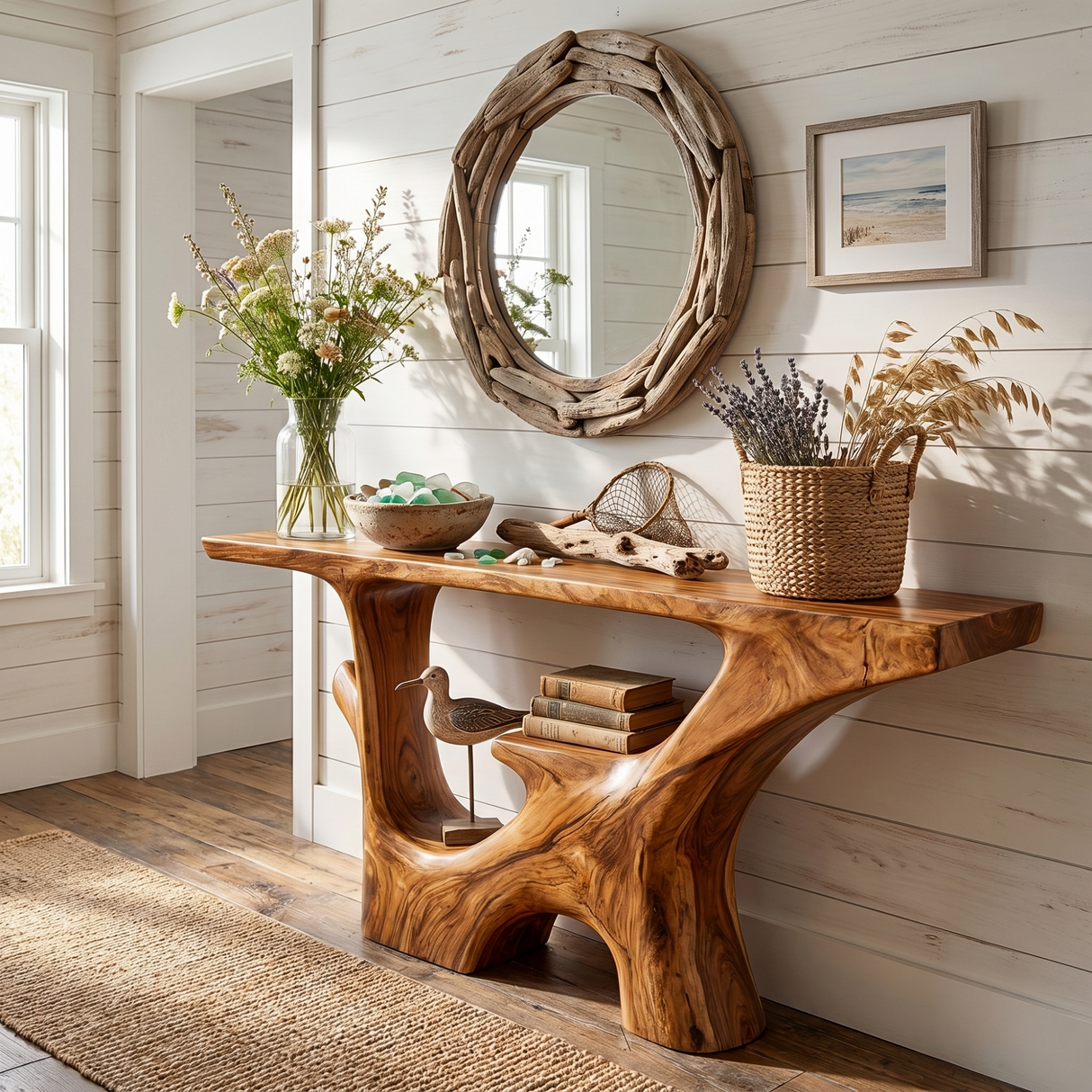 Handcrafted Solid Wood Console Table with Carved Open Shelf Base