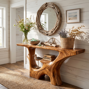 Handcrafted Solid Wood Console Table with Carved Open Shelf Base