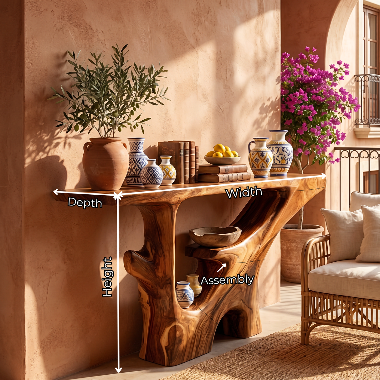 Handcrafted Solid Wood Console Table with Carved Open Shelf Base