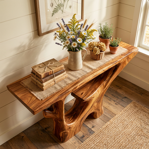 Handcrafted Solid Wood Console Table with Carved Open Shelf Base
