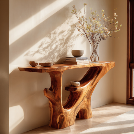 Handcrafted Solid Wood Console Table with Carved Open Shelf Base