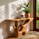 Handcrafted Solid Wood Console Table with Carved Open Shelf Base