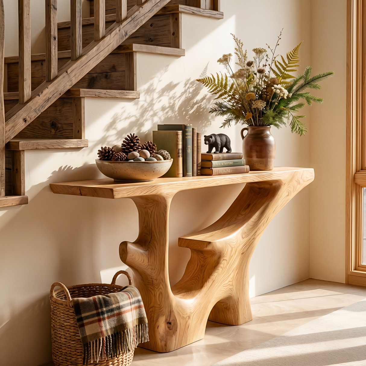 Handcrafted Solid Wood Console Table with Carved Open Shelf Base