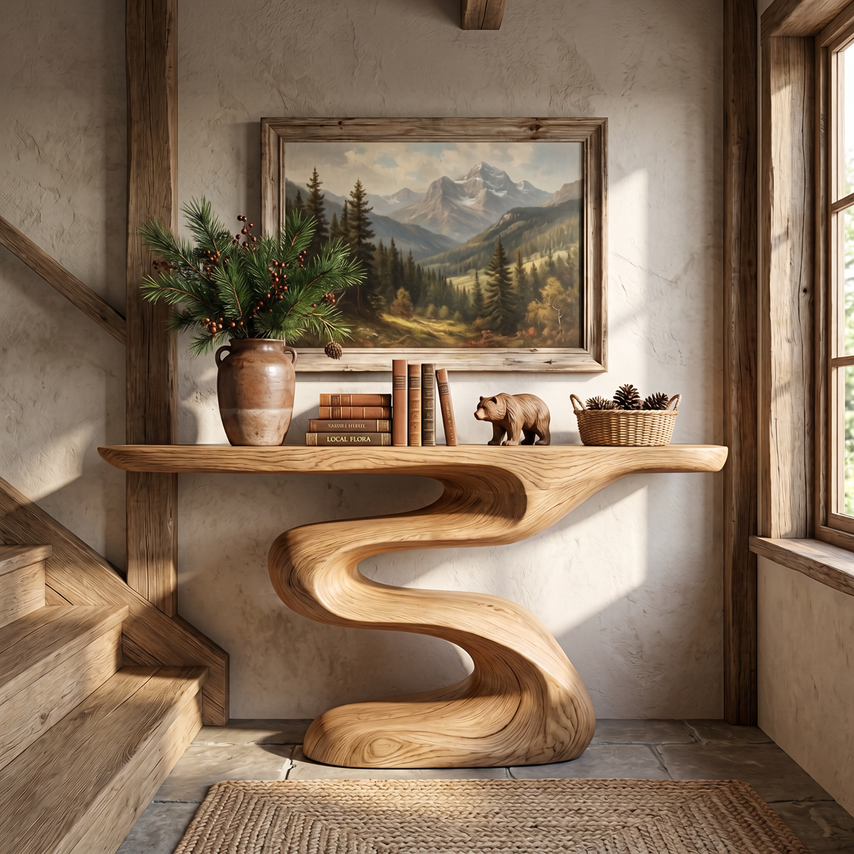 Handcrafted Solid Wood Console Table with Flowing Wave Base