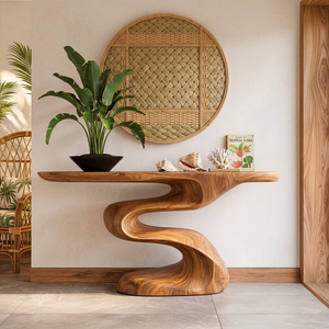 Handcrafted Solid Wood Console Table with Flowing Wave Base