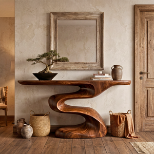 Handcrafted Solid Wood Console Table with Flowing Wave Base