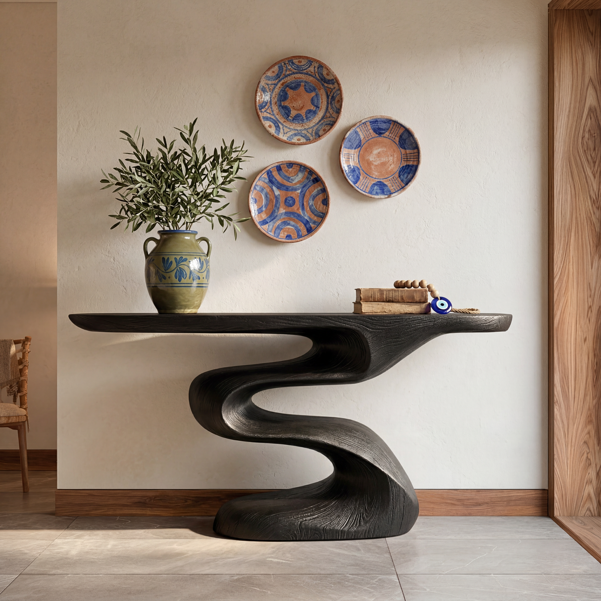Handcrafted Solid Wood Console Table with Flowing Wave Base