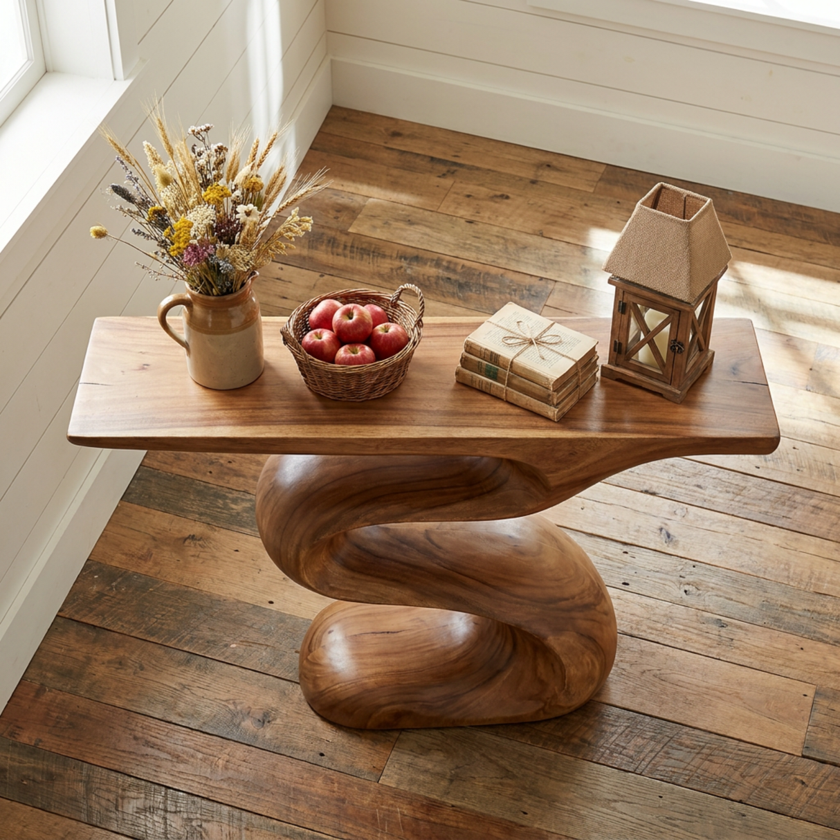 Handcrafted Solid Wood Console Table with Flowing Wave Base