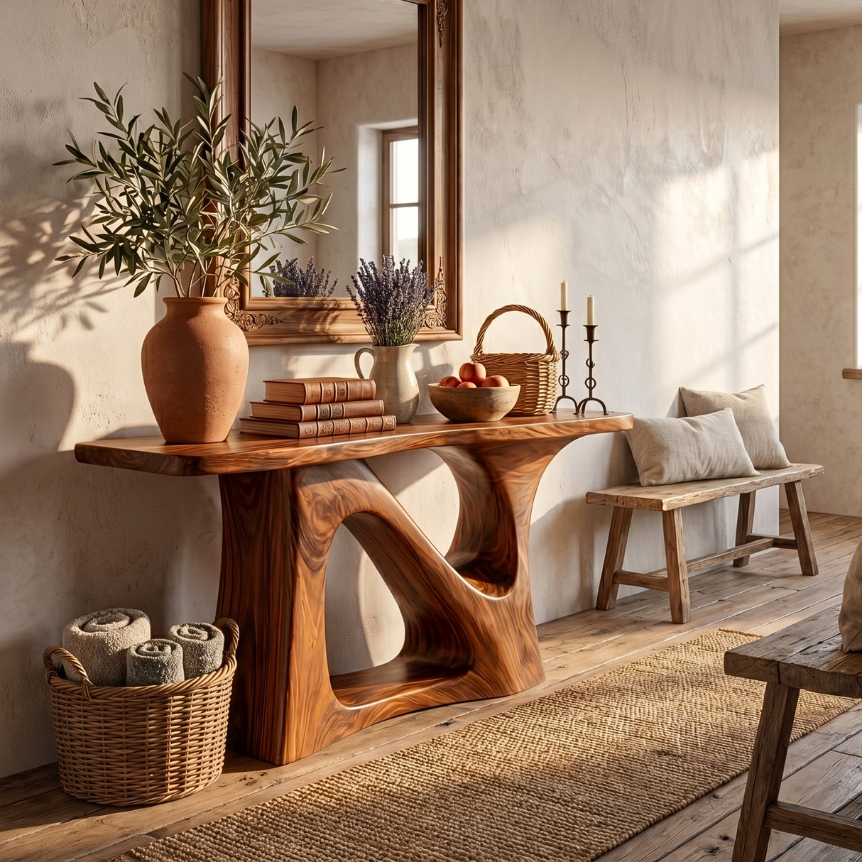 Solid Wood Console Table with Sculptural Open Arch Base