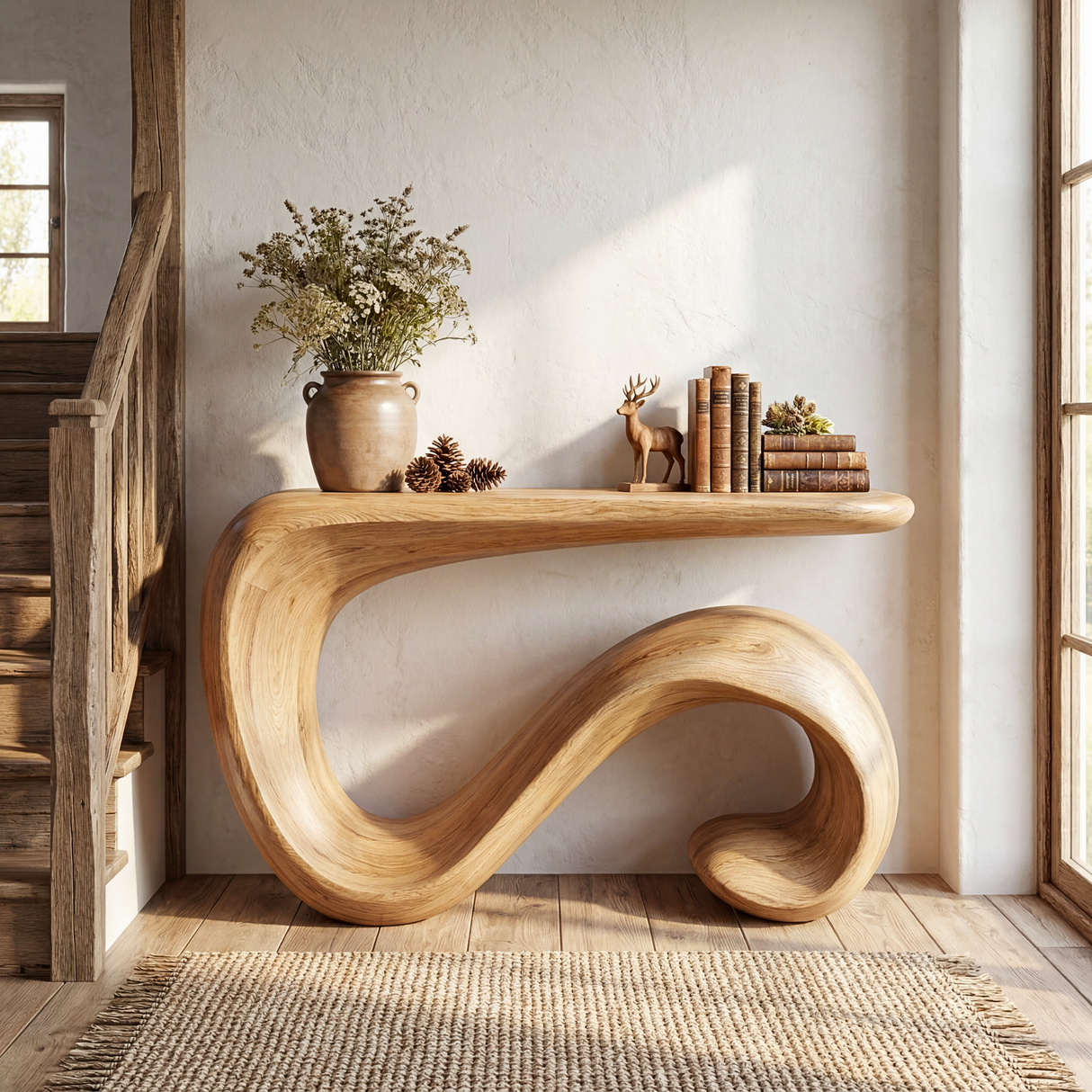 Solid Wood Console Table with Curved Loop Sculptural Base