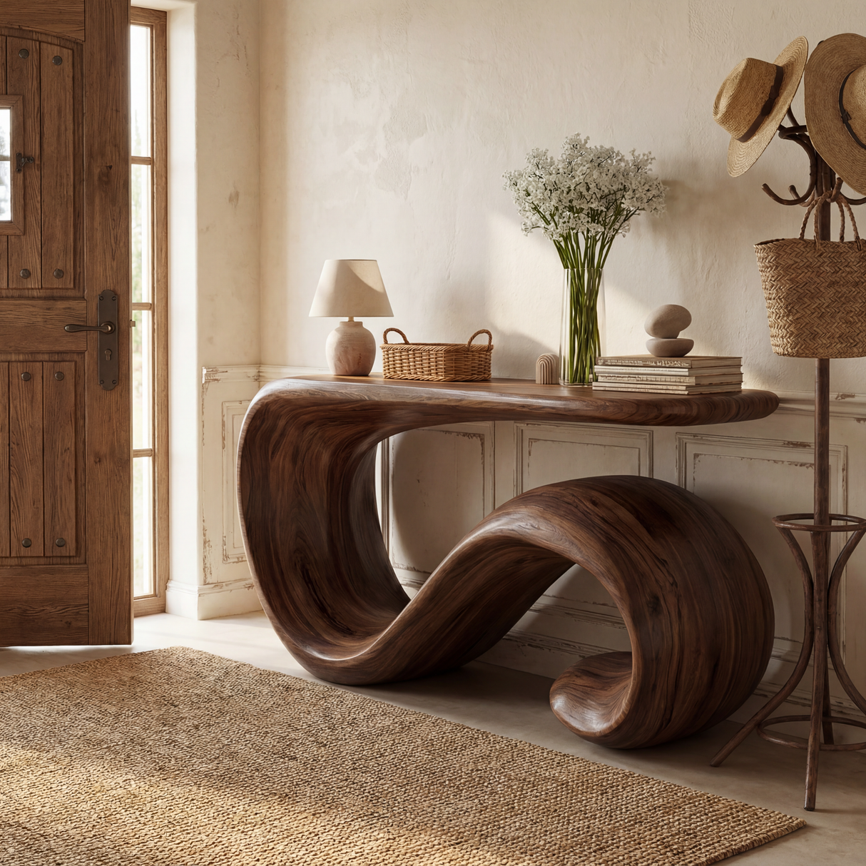 Solid Wood Console Table with Curved Loop Sculptural Base
