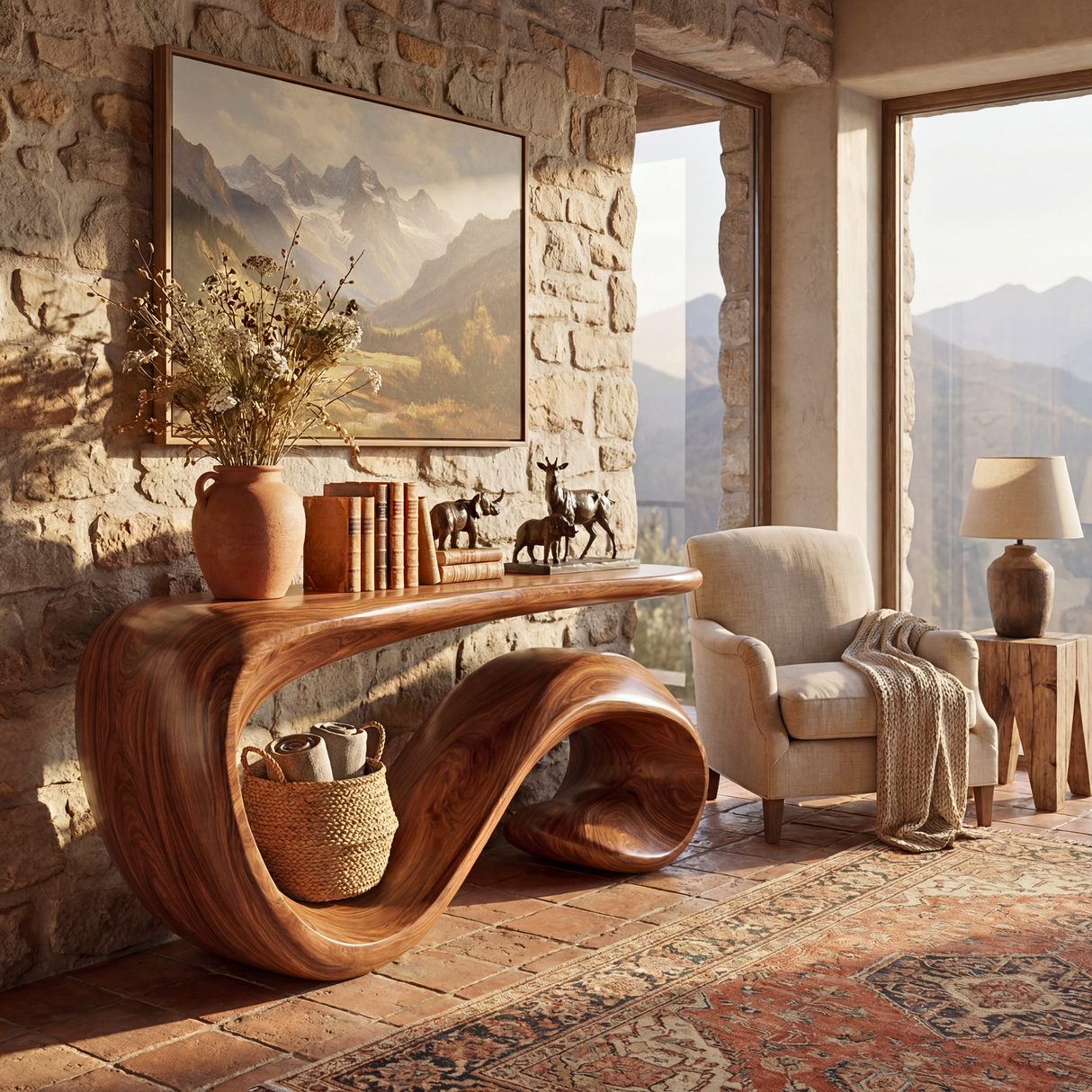 Solid Wood Console Table with Curved Loop Sculptural Base