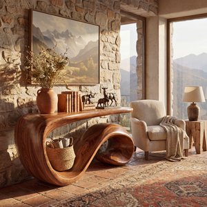 Solid Wood Console Table with Curved Loop Sculptural Base
