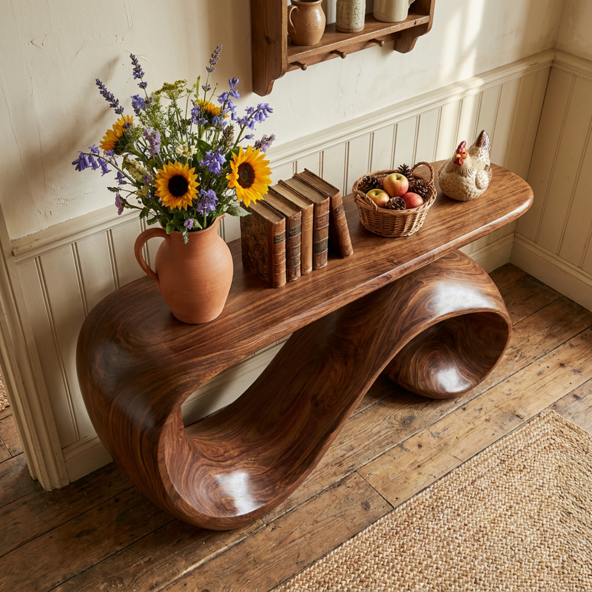Solid Wood Console Table with Curved Loop Sculptural Base