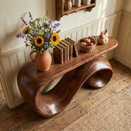 Solid Wood Console Table with Curved Loop Sculptural Base