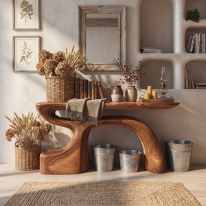 Organic Solid Wood Console Table with Sculpted Arch Base