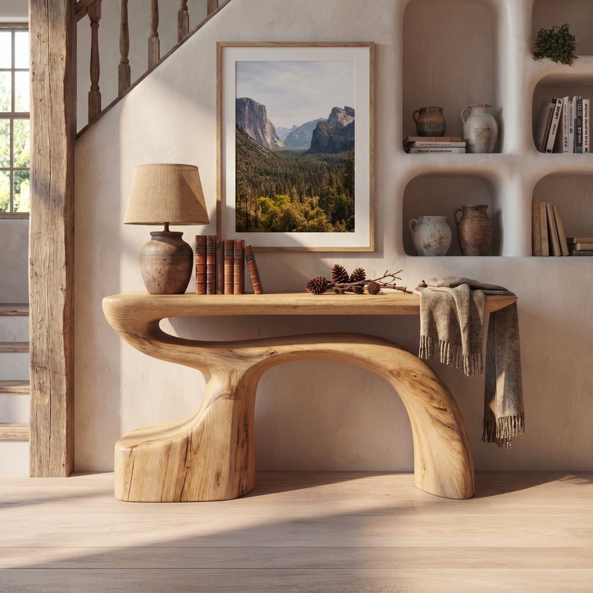Organic Solid Wood Console Table with Sculpted Arch Base