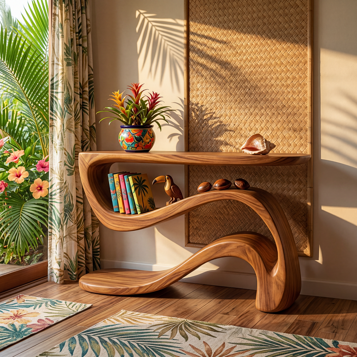 Tropical Solid Wood Console Table with Wave Shelf Design
