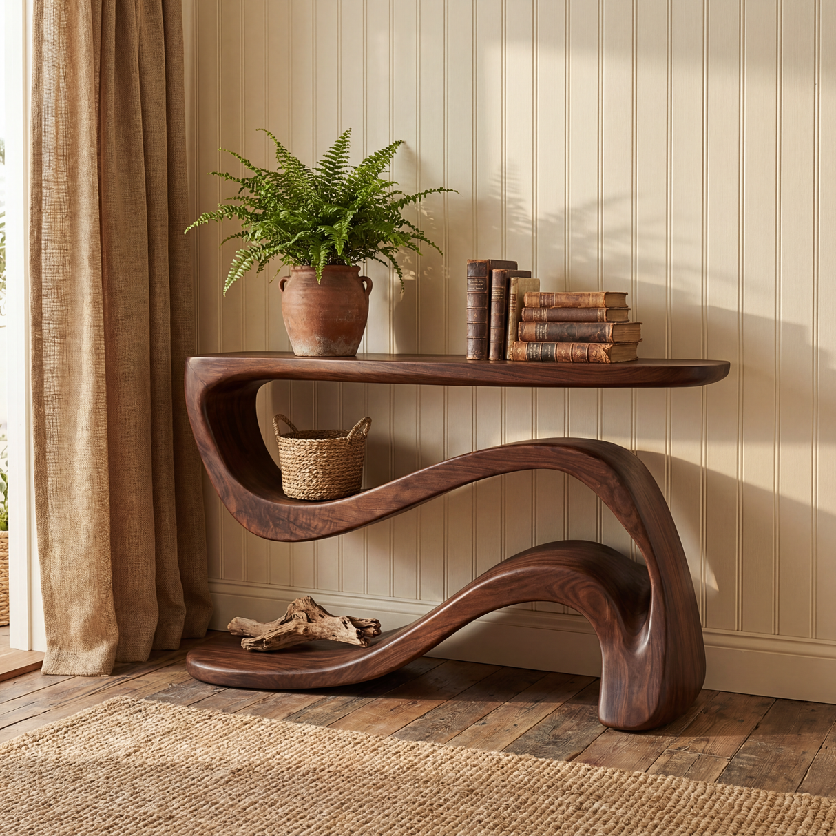 Tropical Solid Wood Console Table with Wave Shelf Design