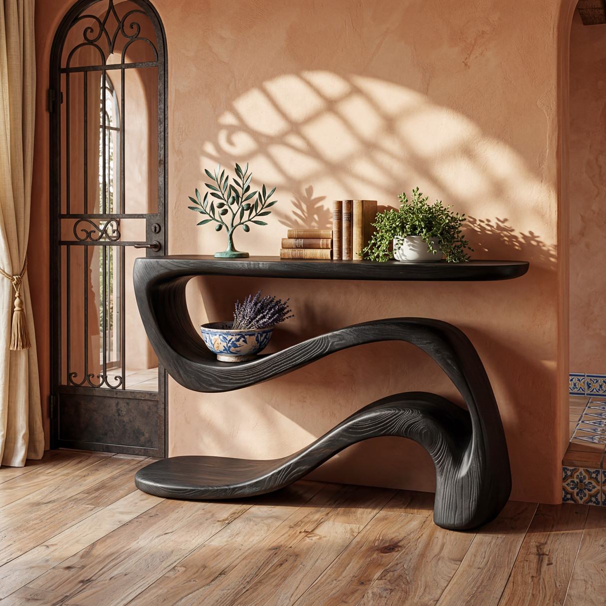 Tropical Solid Wood Console Table with Wave Shelf Design