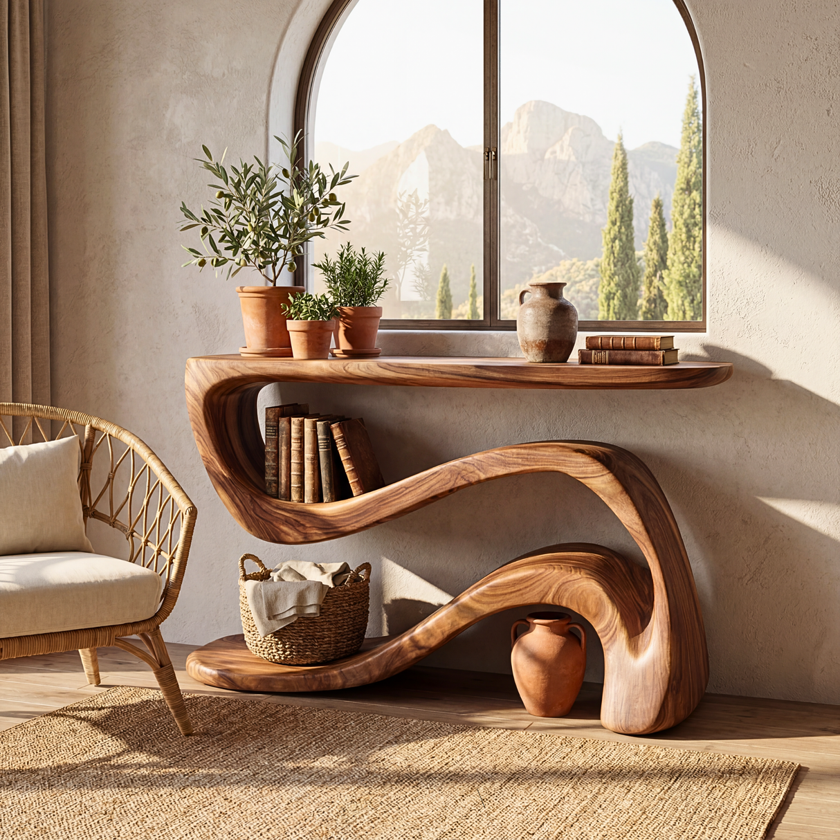 Tropical Solid Wood Console Table with Wave Shelf Design