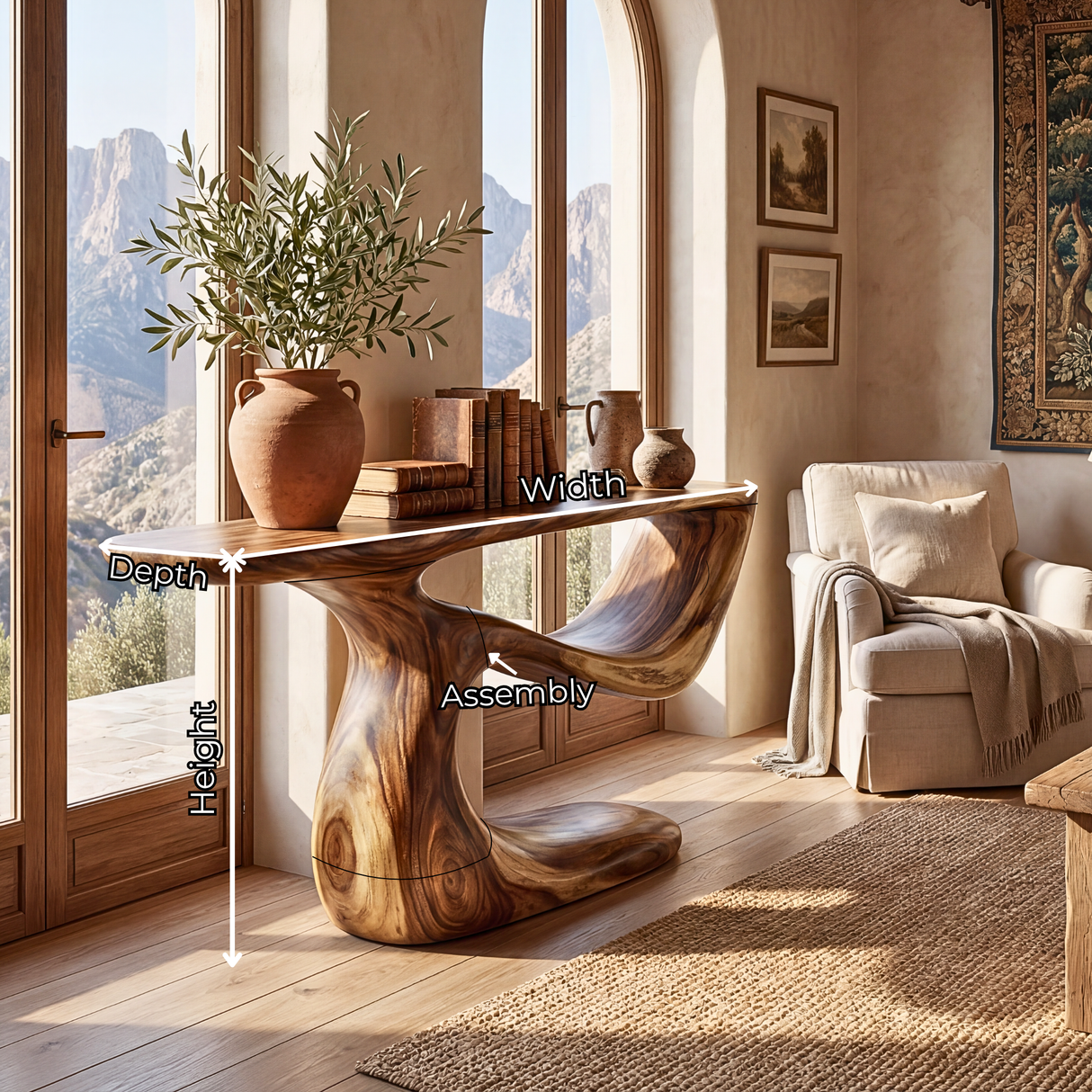 Sculptural Solid Wood Console Table with Organic Curved Base
