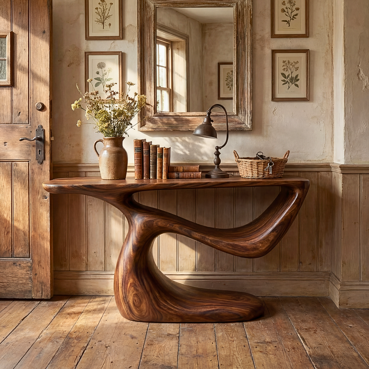 Sculptural Solid Wood Console Table with Organic Curved Base
