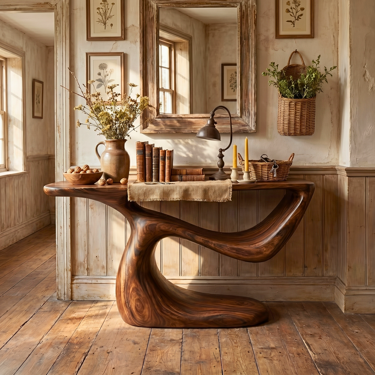 Sculptural Solid Wood Console Table with Organic Curved Base
