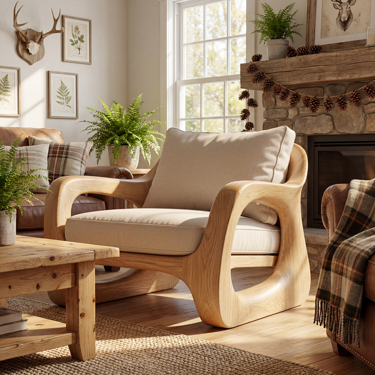 Organic Solid Wood Accent Chair with Sculptural Open Frame