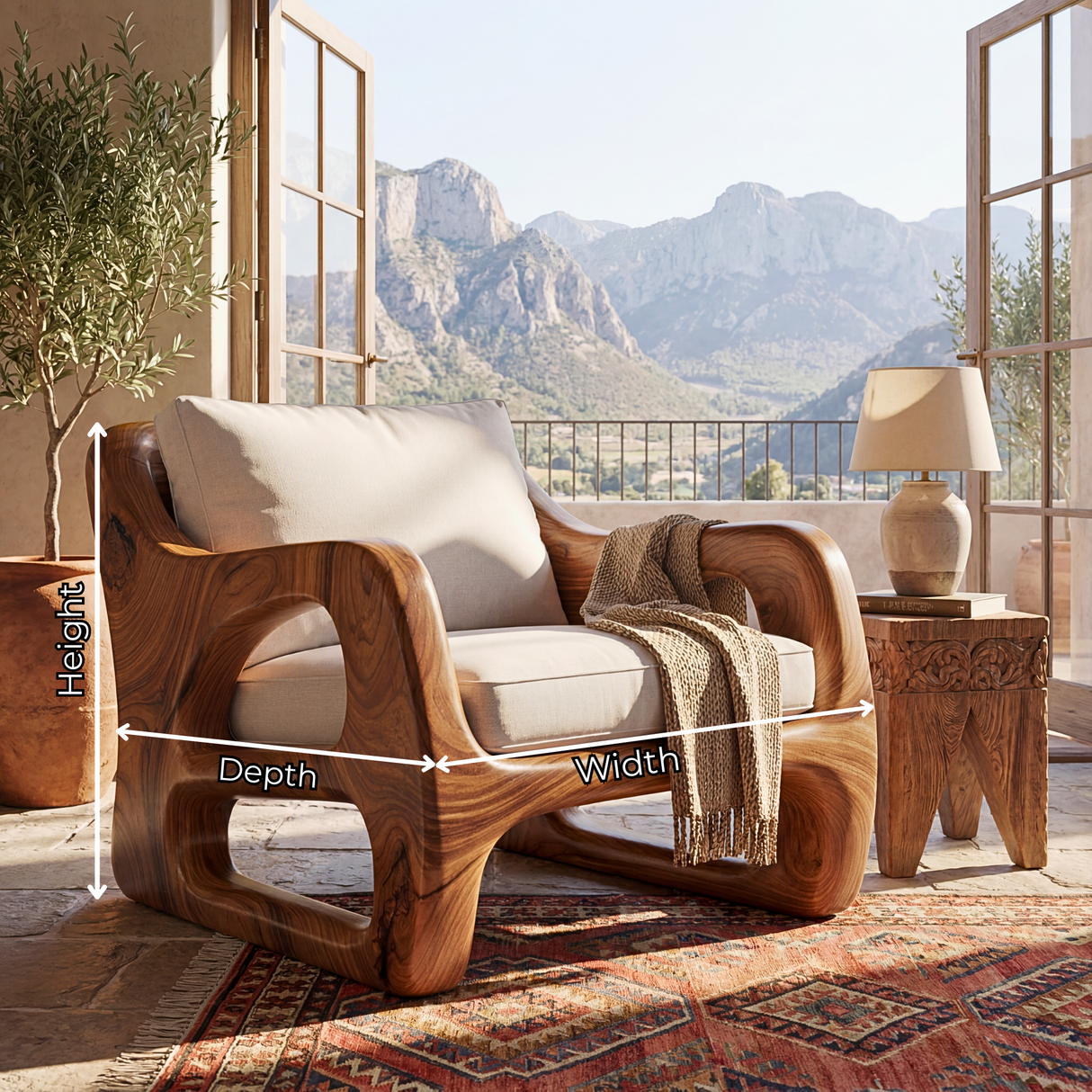 Solid Wood Lounge Chair with Curved Open Arm Frame