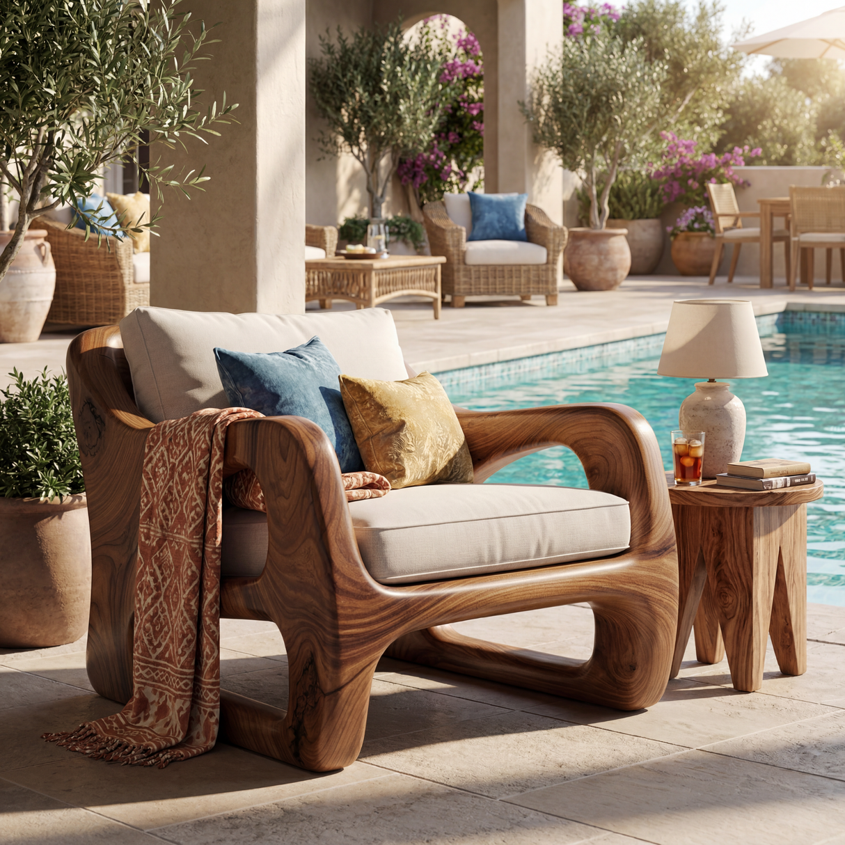 Solid Wood Lounge Chair with Curved Open Arm Frame