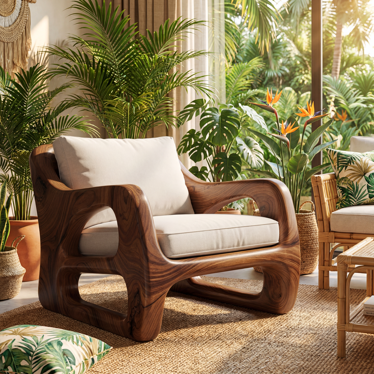 Solid Wood Lounge Chair with Curved Open Arm Frame