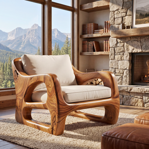 Solid Wood Lounge Chair with Curved Open Arm Frame