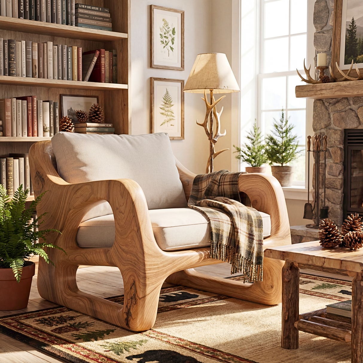 Solid Wood Lounge Chair with Curved Open Arm Frame