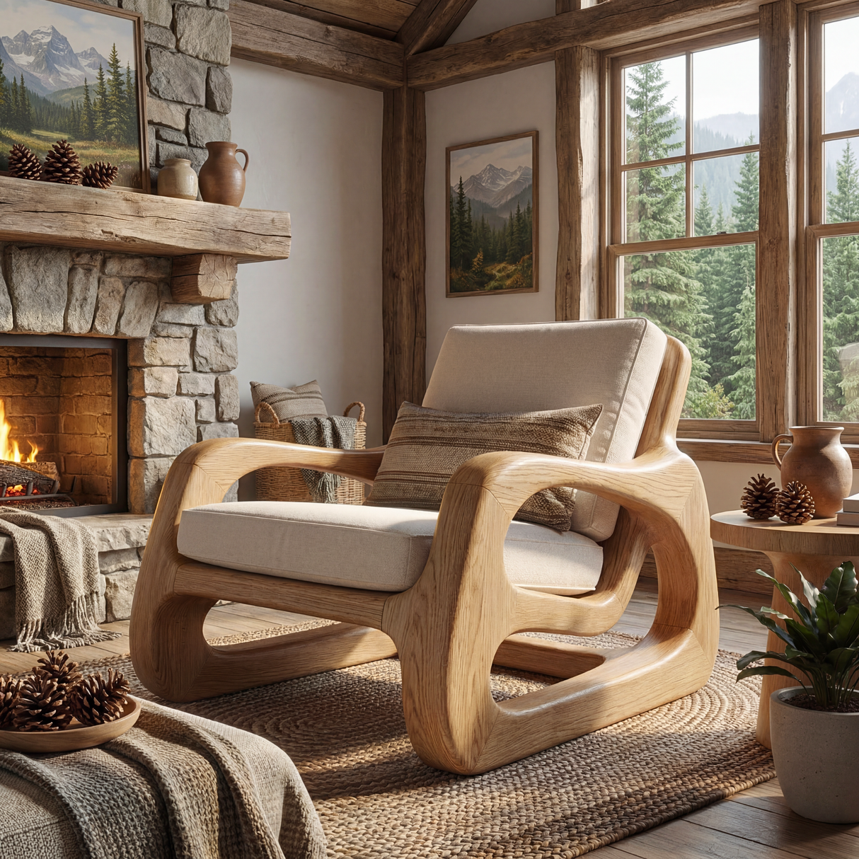 Organic Solid Wood Armchair with Sculptural Open Sides