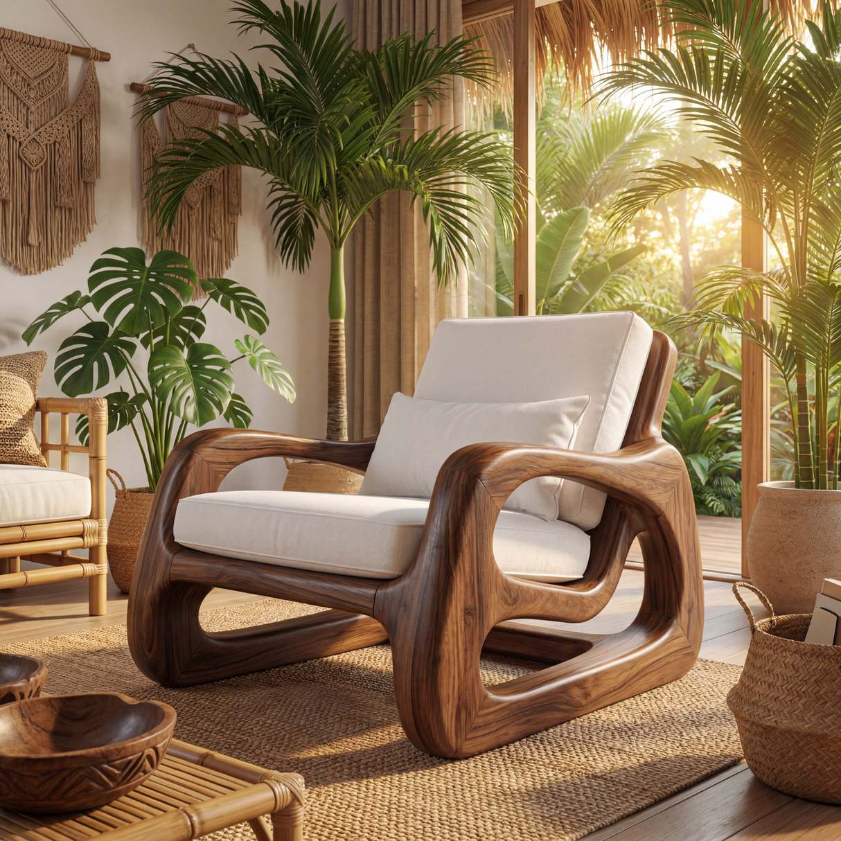 Organic Solid Wood Armchair with Sculptural Open Sides