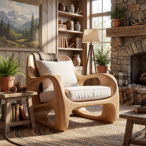 Sculptural Solid Wood Accent Chair with Curved Open Arms