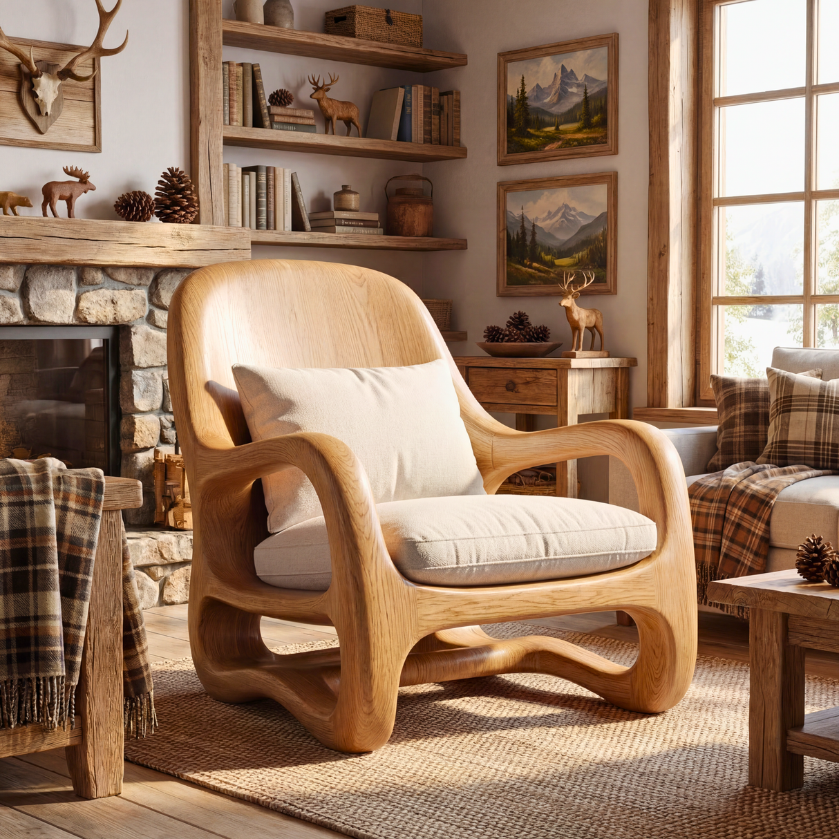 Organic Solid Wood Lounge Chair with Sculpted Arm Frame