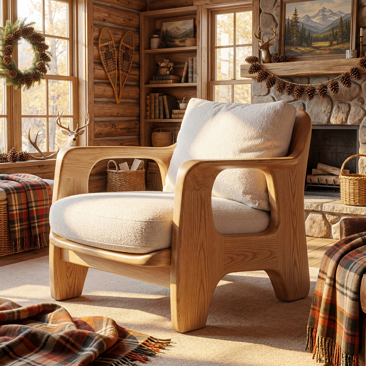 Solid Wood Accent Chair with Rounded Sculptural Armrests