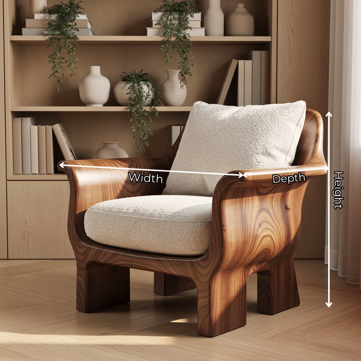 Solid Wood Lounge Chair with Rounded Back and Sculptural Frame