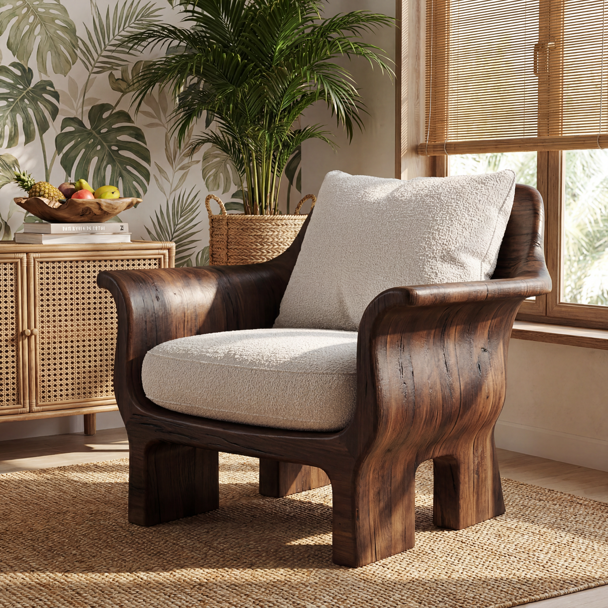 Solid Wood Lounge Chair with Rounded Back and Sculptural Frame