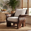 Solid Wood Lounge Chair with Rounded Back and Sculptural Frame