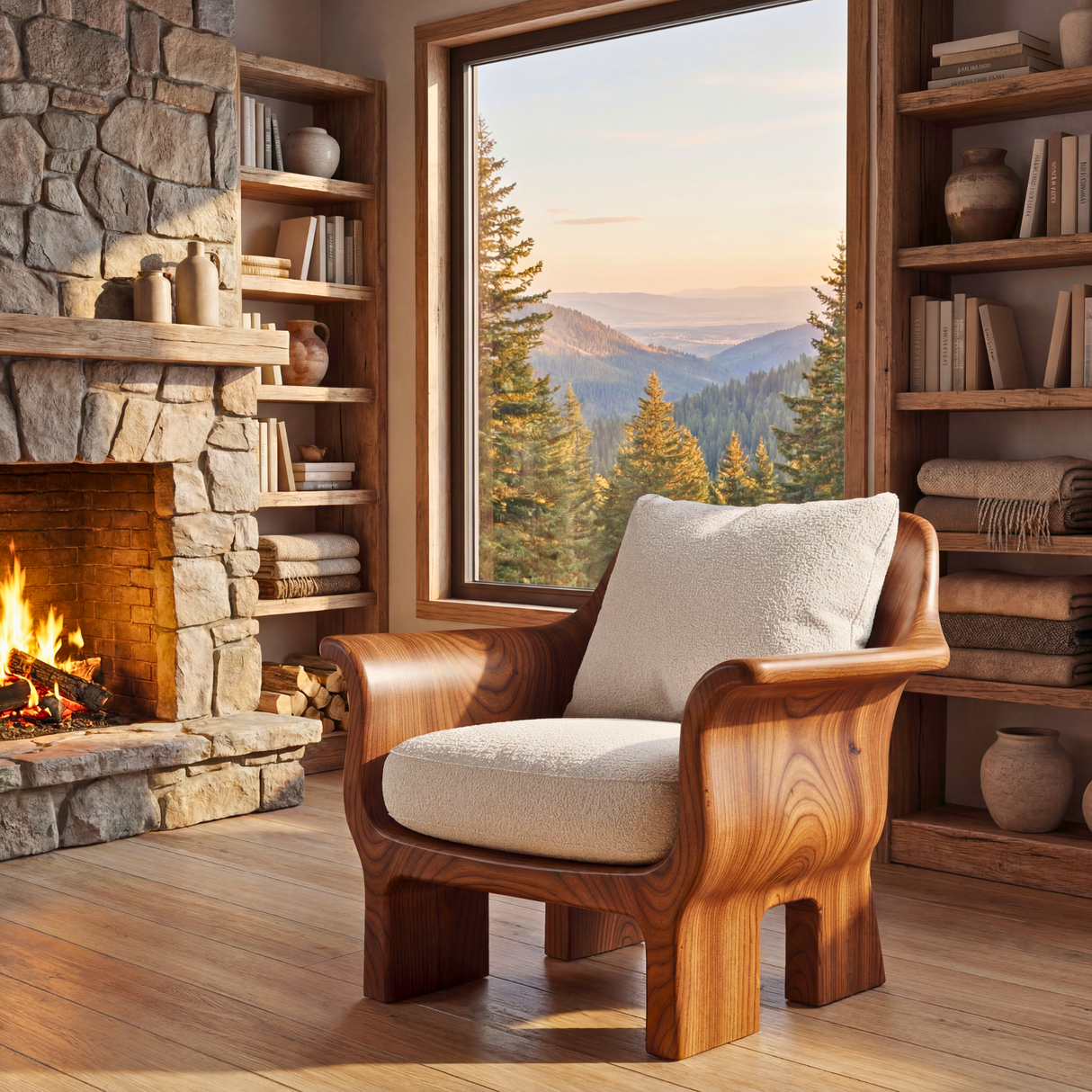 Solid Wood Lounge Chair with Rounded Back and Sculptural Frame