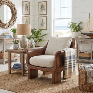 Solid Wood Lounge Chair with Rounded Back and Sculptural Frame