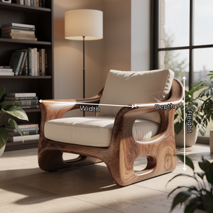 Organic Solid Wood Armchair with Carved Open Side Details
