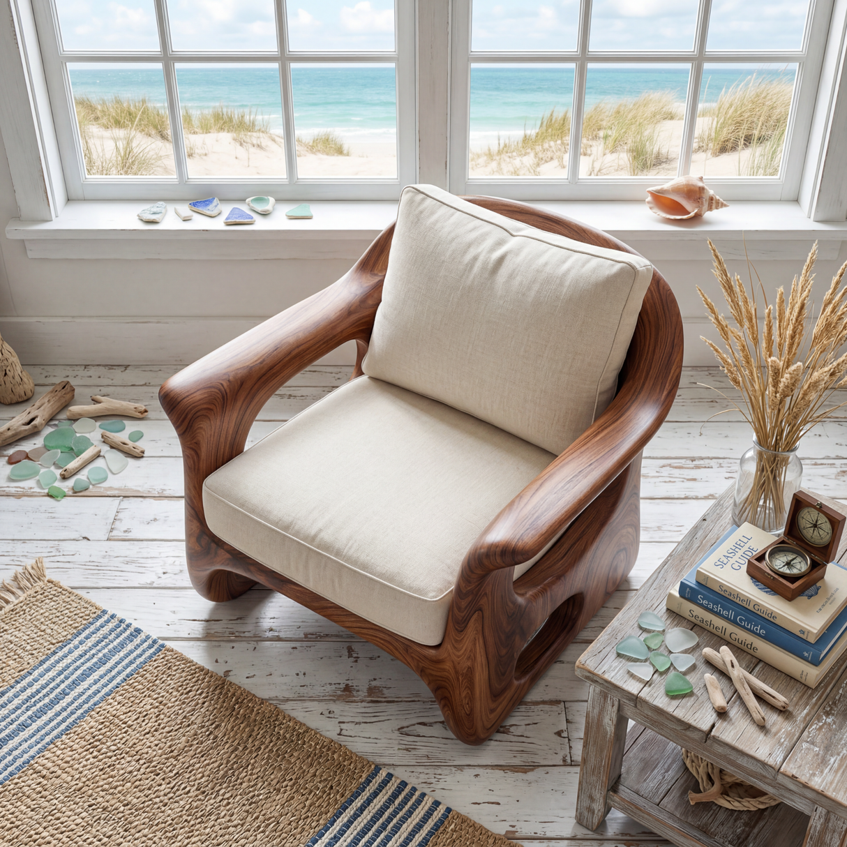 Organic Solid Wood Armchair with Carved Open Side Details